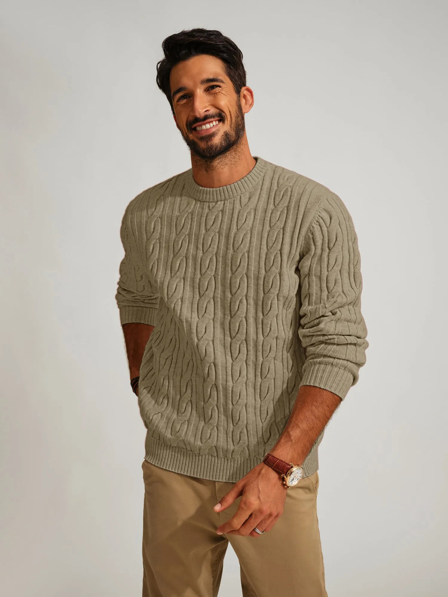 Men Cable Knitted Sweater Long Sleeve Crew Neck Ribbed Cuff Pullover