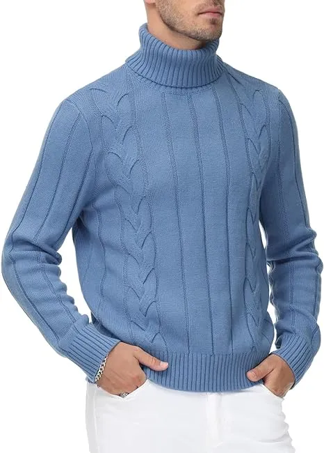 Mens Cable Knitted Turtleneck Jumper Pullover Sweater