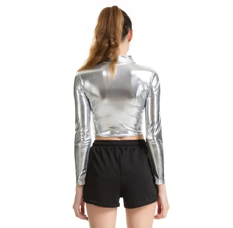 Metallic Long Sleeve Punk Rave Crop Top-Silver