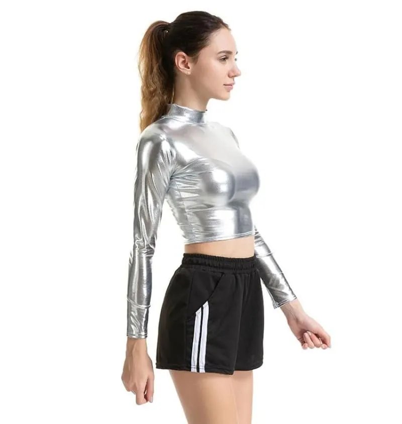 Metallic Long Sleeve Punk Rave Crop Top-Silver