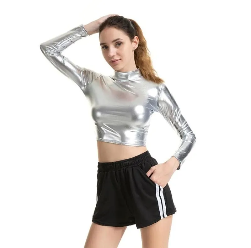 Metallic Long Sleeve Punk Rave Crop Top-Silver