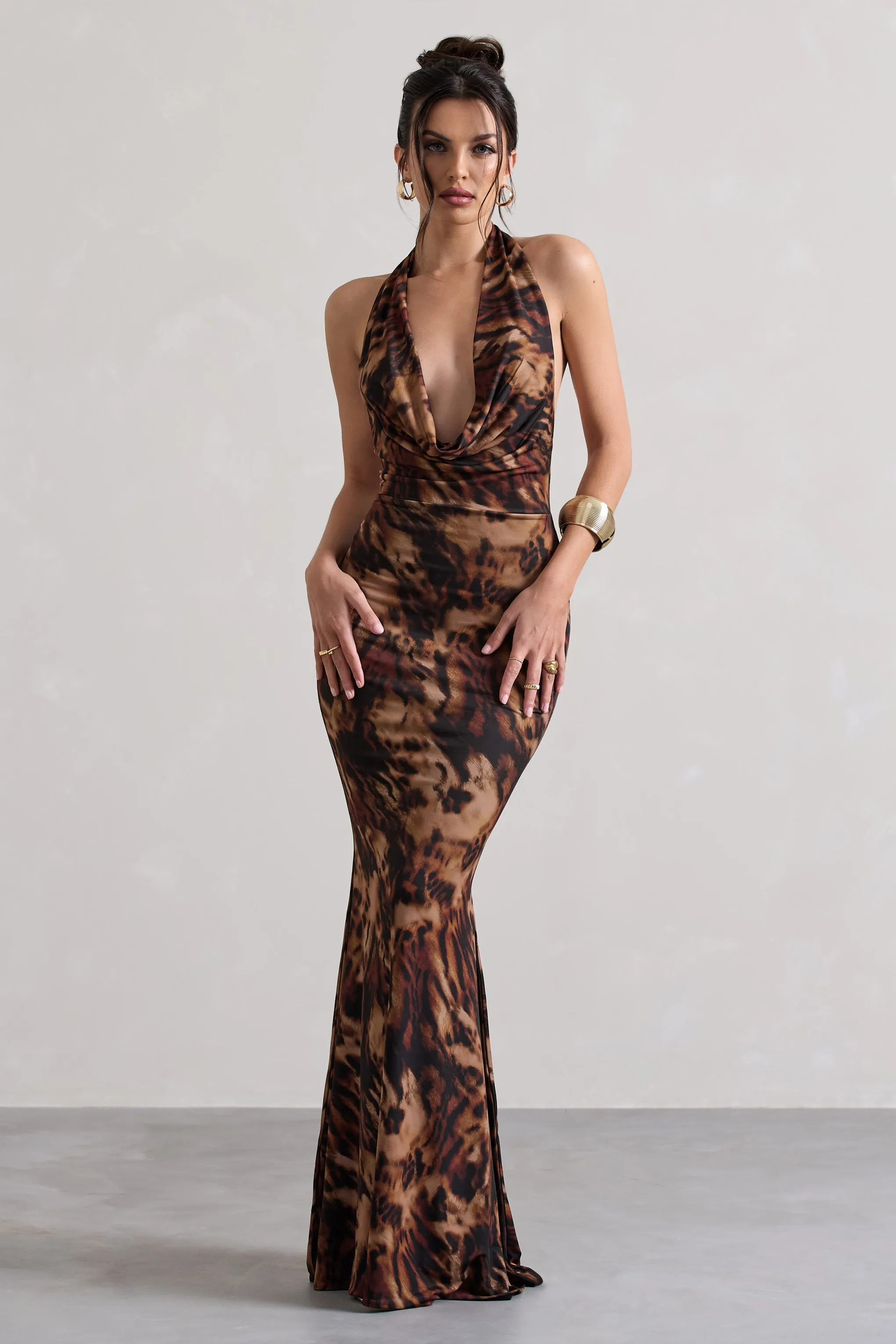 Milani | Animal Print Backless Cowl Neck Fishtail Maxi Dress