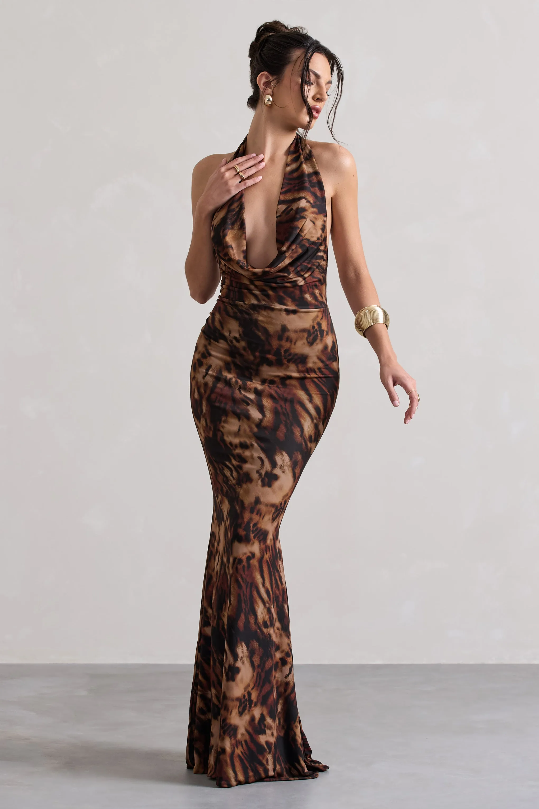 Milani | Animal Print Backless Cowl Neck Fishtail Maxi Dress