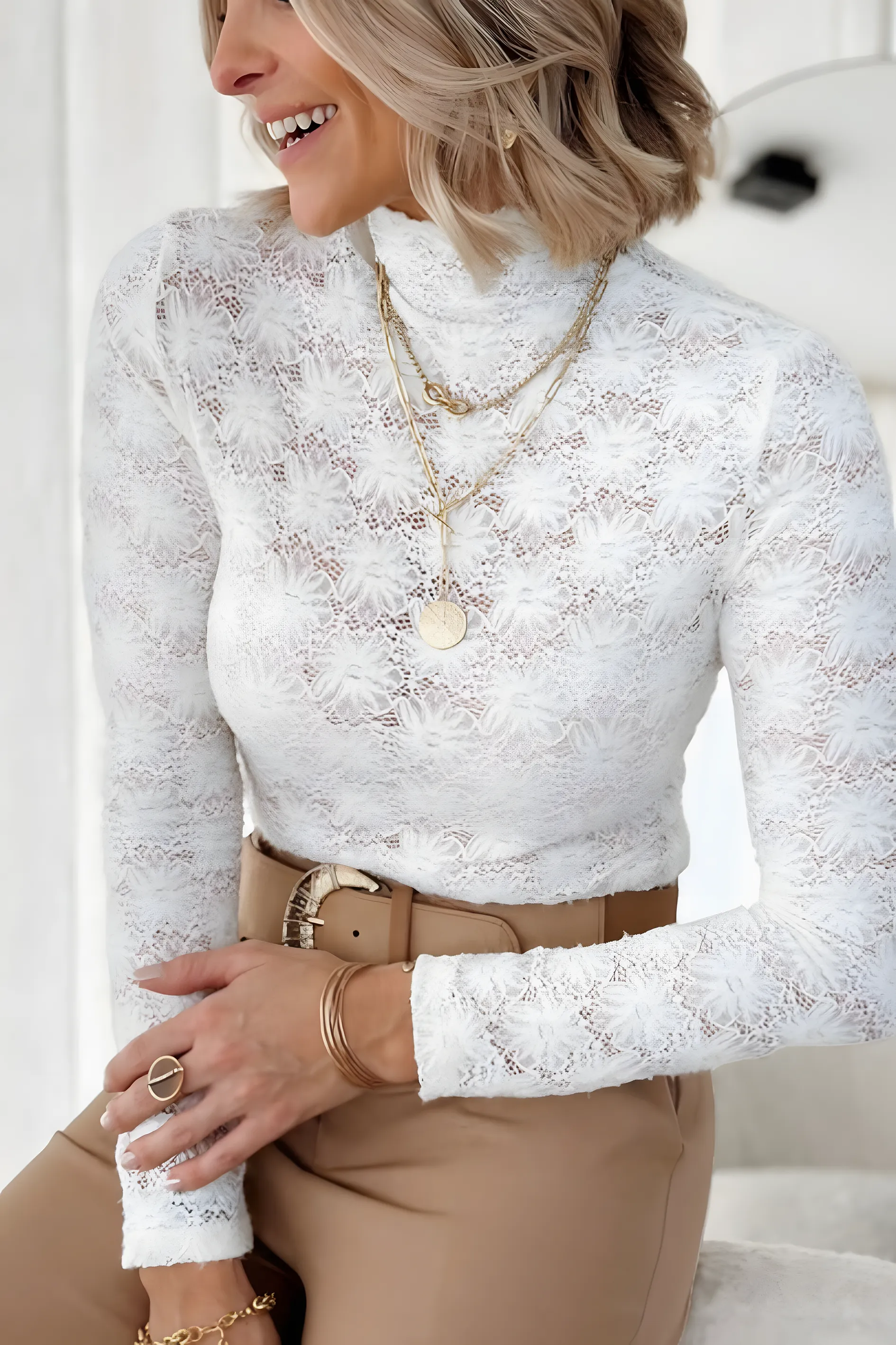 Mock Neck Long Sleeve Lace Blouse