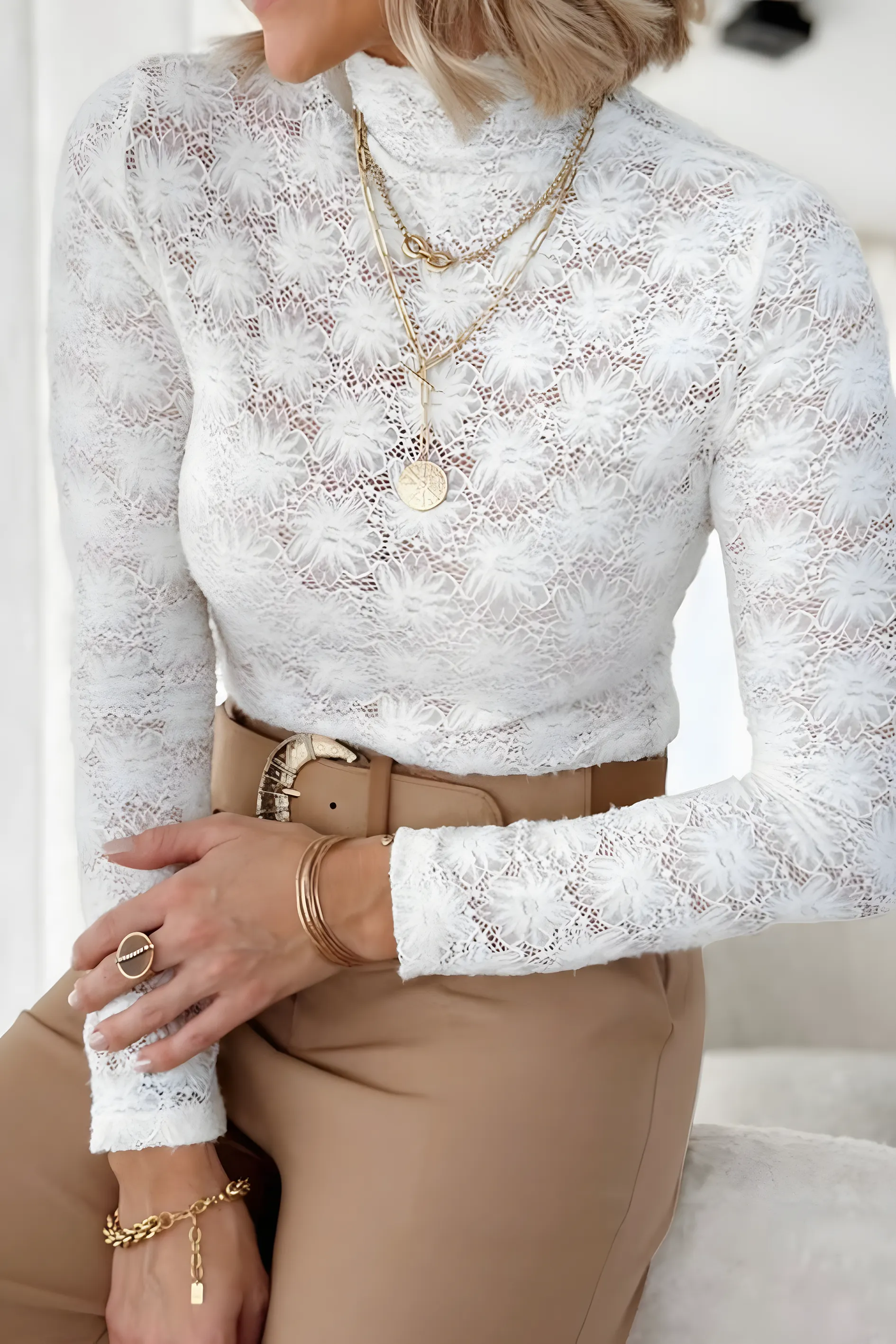 Mock Neck Long Sleeve Lace Blouse