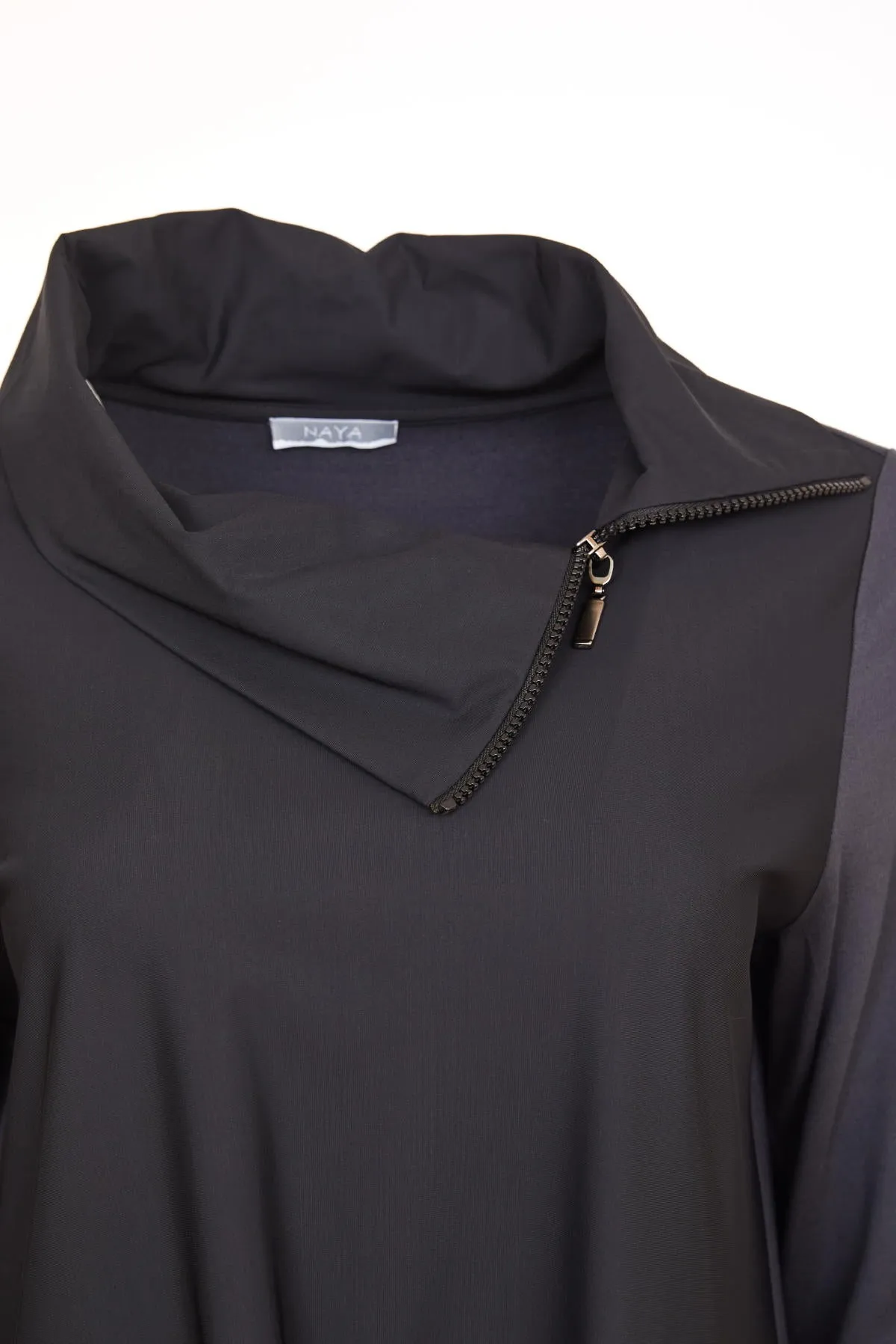 Naya Split Zip Cowl Neck tunic with Patch Pkt. Detail in Black