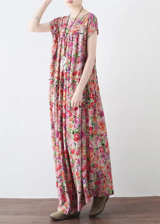 New pink prints linen caftans casual big hem linen maxi dress vintage short sleeve maxi dresses