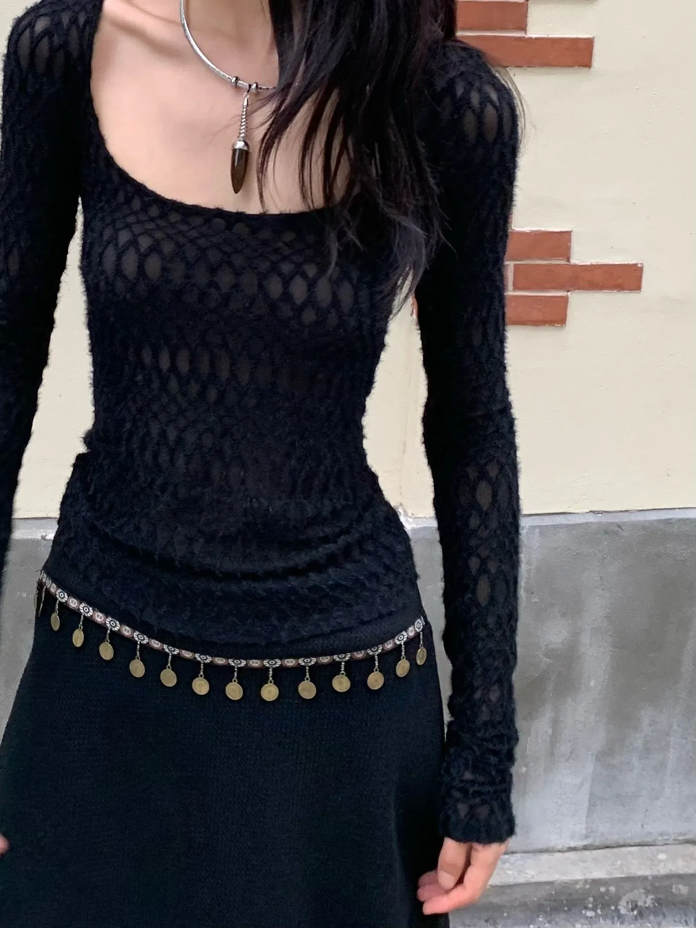 Nice big neckline black long sleeve top