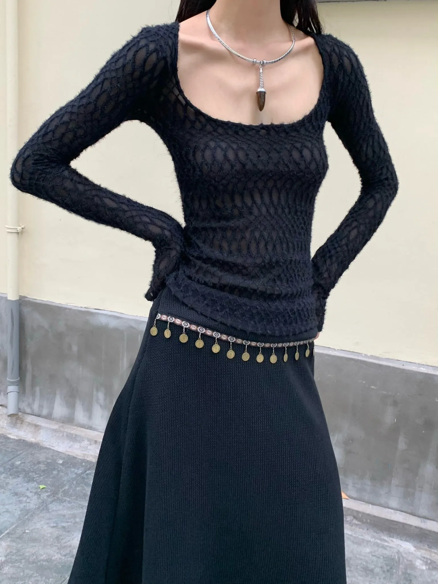 Nice big neckline black long sleeve top