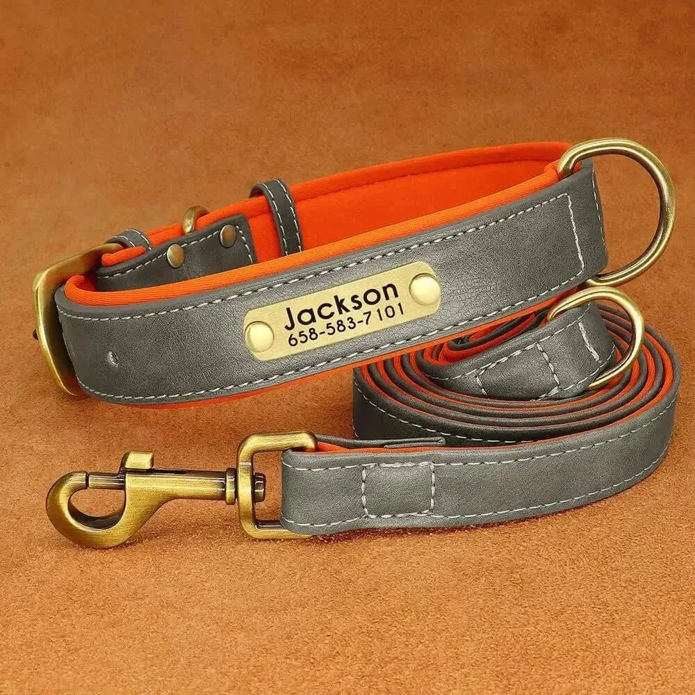 Personalized Dog Collar & Leash Set –  Leather Soft, Stylish, and Engraved