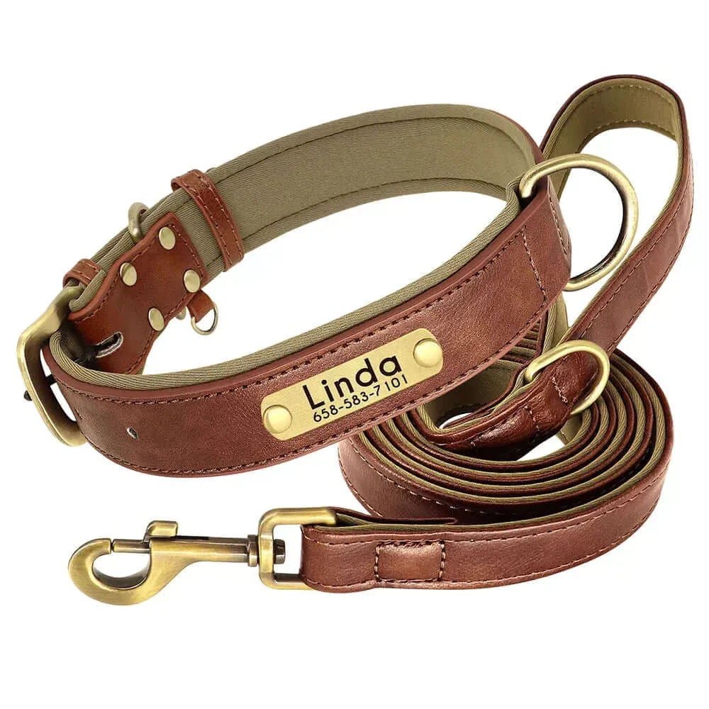 Personalized Dog Collar & Leash Set –  Leather Soft, Stylish, and Engraved