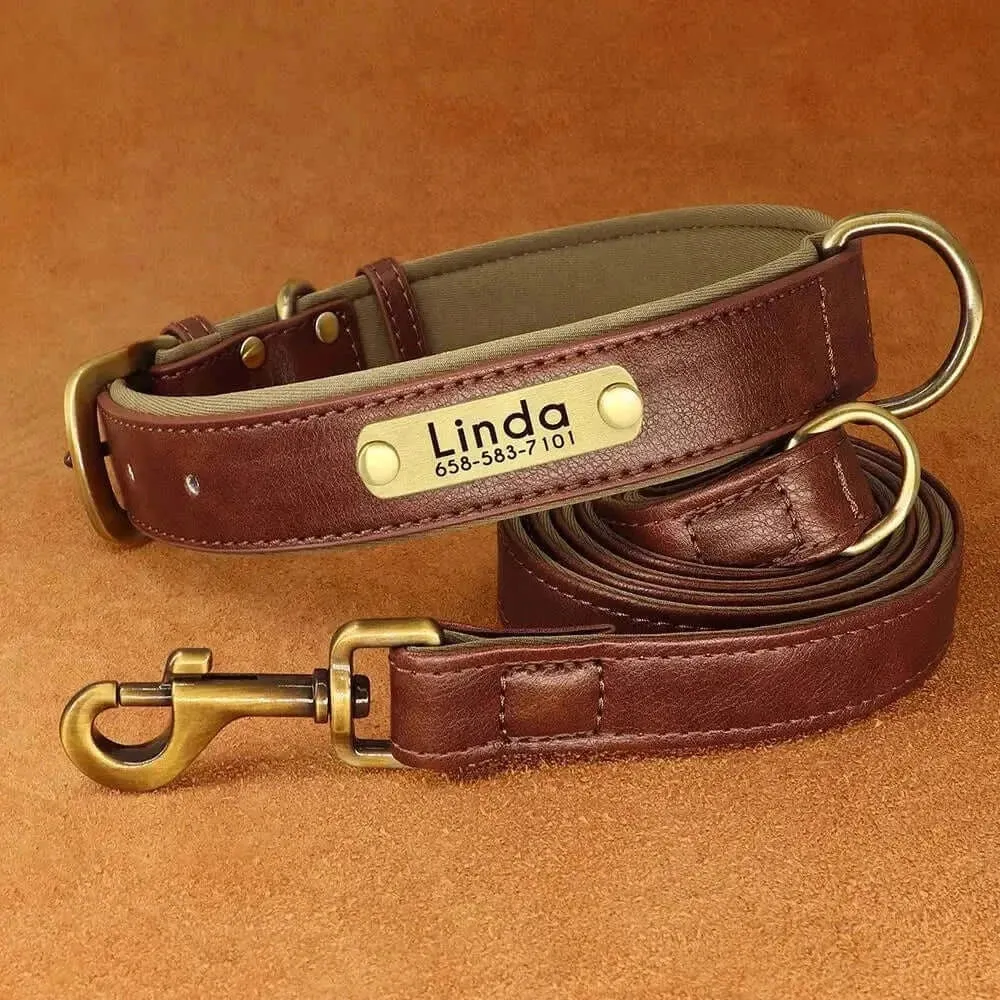 Personalized Dog Collar & Leash Set –  Leather Soft, Stylish, and Engraved