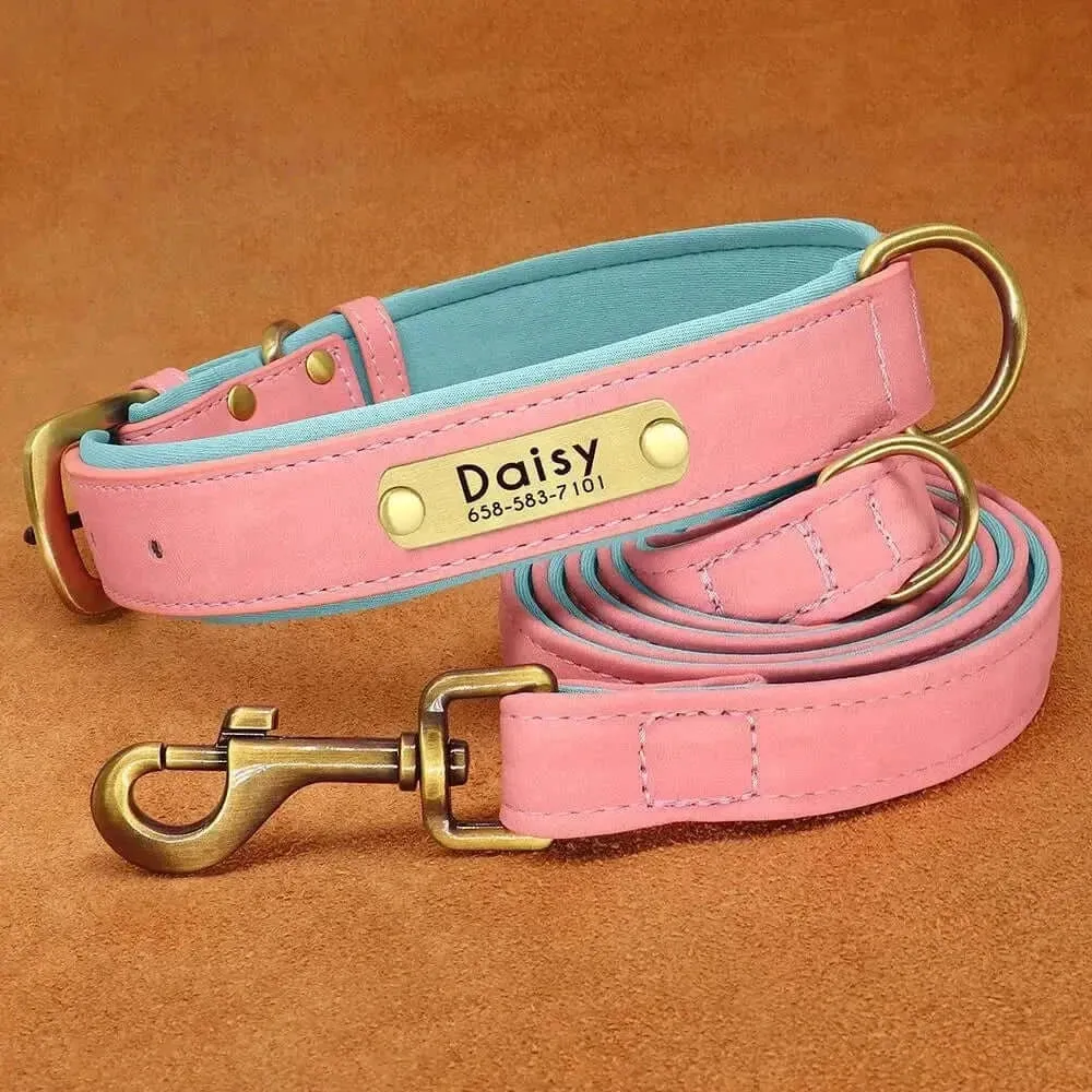 Personalized Dog Collar & Leash Set –  Leather Soft, Stylish, and Engraved