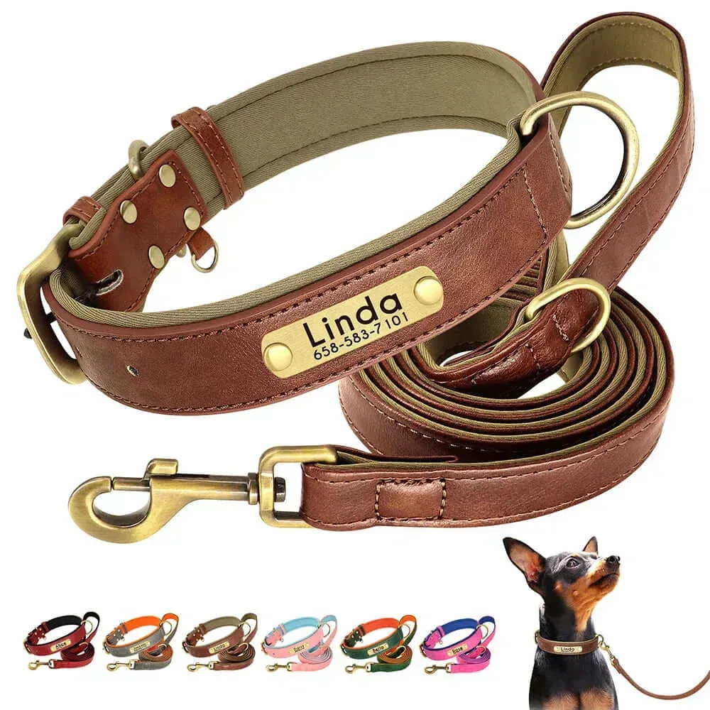 Personalized Dog Collar & Leash Set –  Leather Soft, Stylish, and Engraved