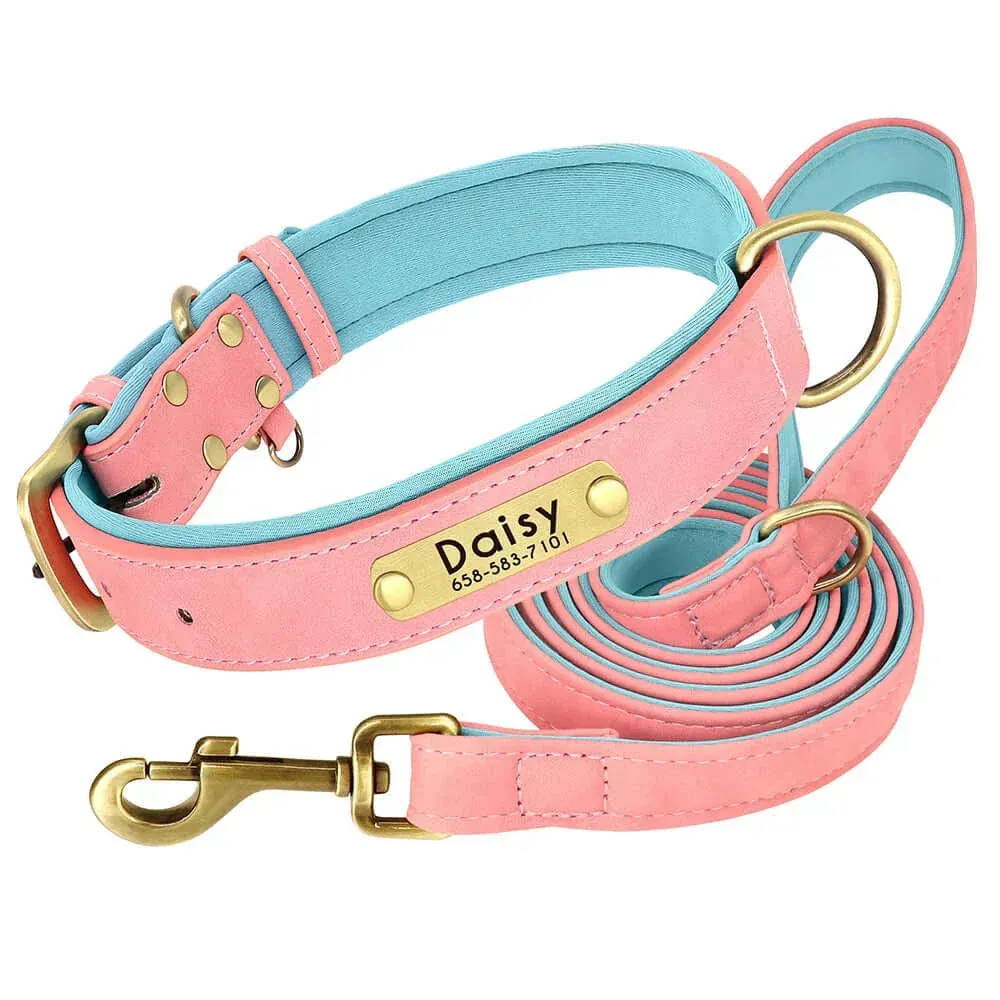 Personalized Dog Collar & Leash Set –  Leather Soft, Stylish, and Engraved