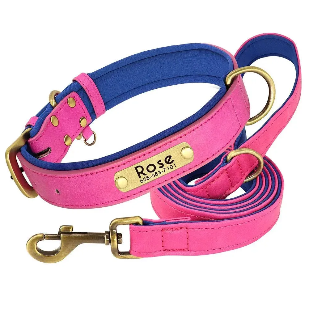 Personalized Leather Dog Collar Leash Set