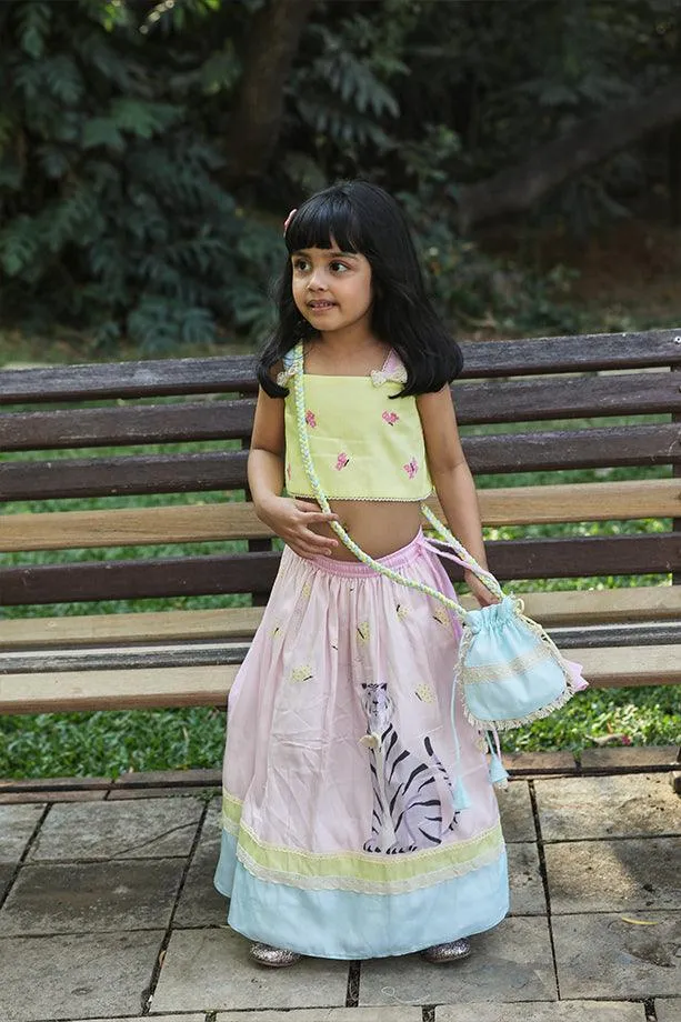 Pink Tiger & Butterfly Lehenga with Strappy Blouse and Potli Bag Set for Girls