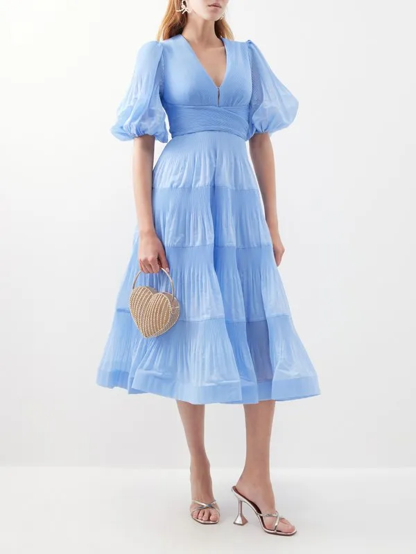 Pleated Tiered Twill Midi Dress