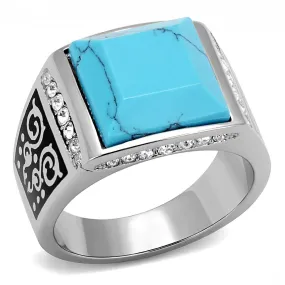 polished (no plating) Stainless Steel Ring with Synthetic in Sea Blue for Women Style TK3274