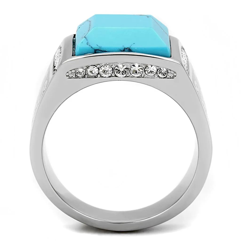 polished (no plating) Stainless Steel Ring with Synthetic in Sea Blue for Women Style TK3274