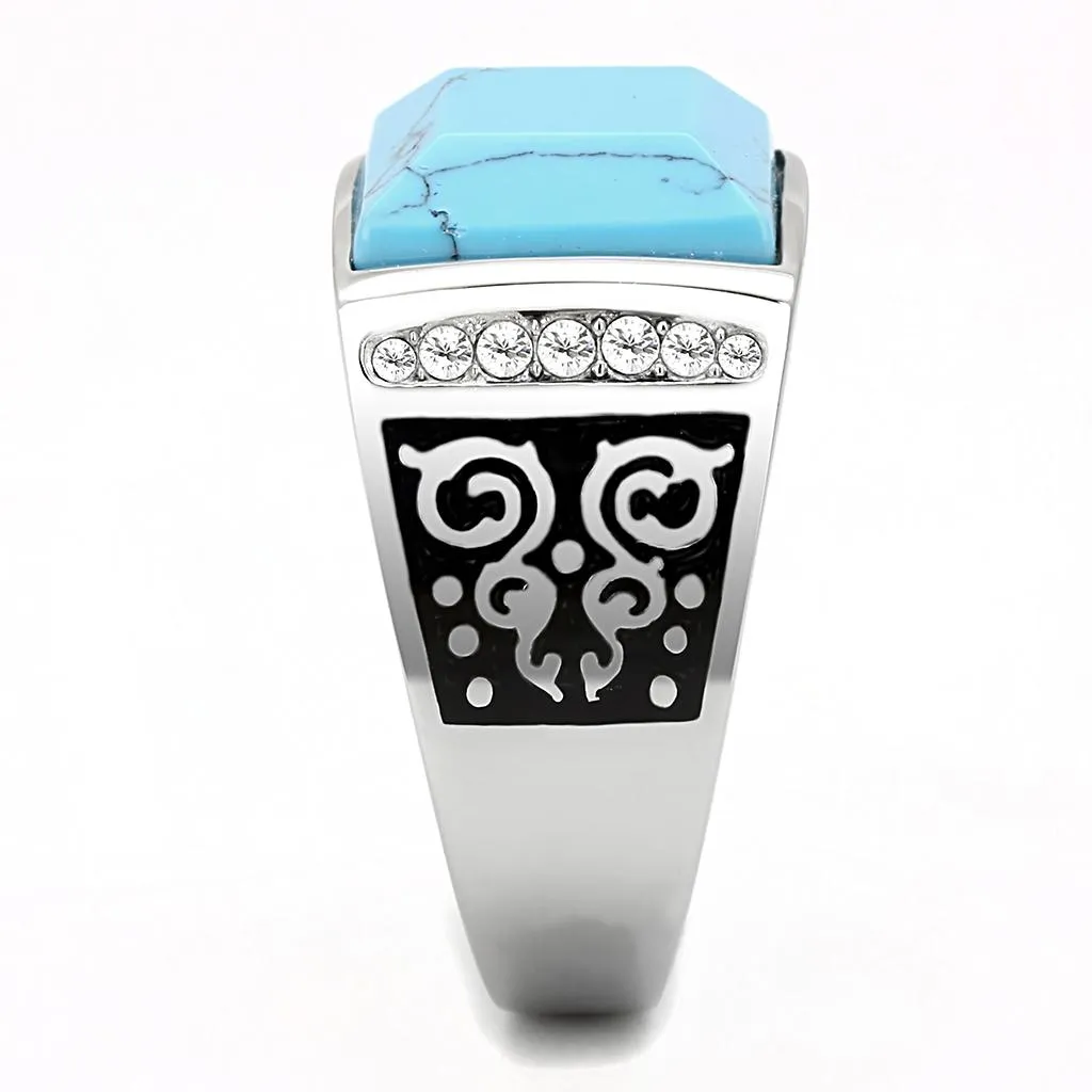 polished (no plating) Stainless Steel Ring with Synthetic in Sea Blue for Women Style TK3274