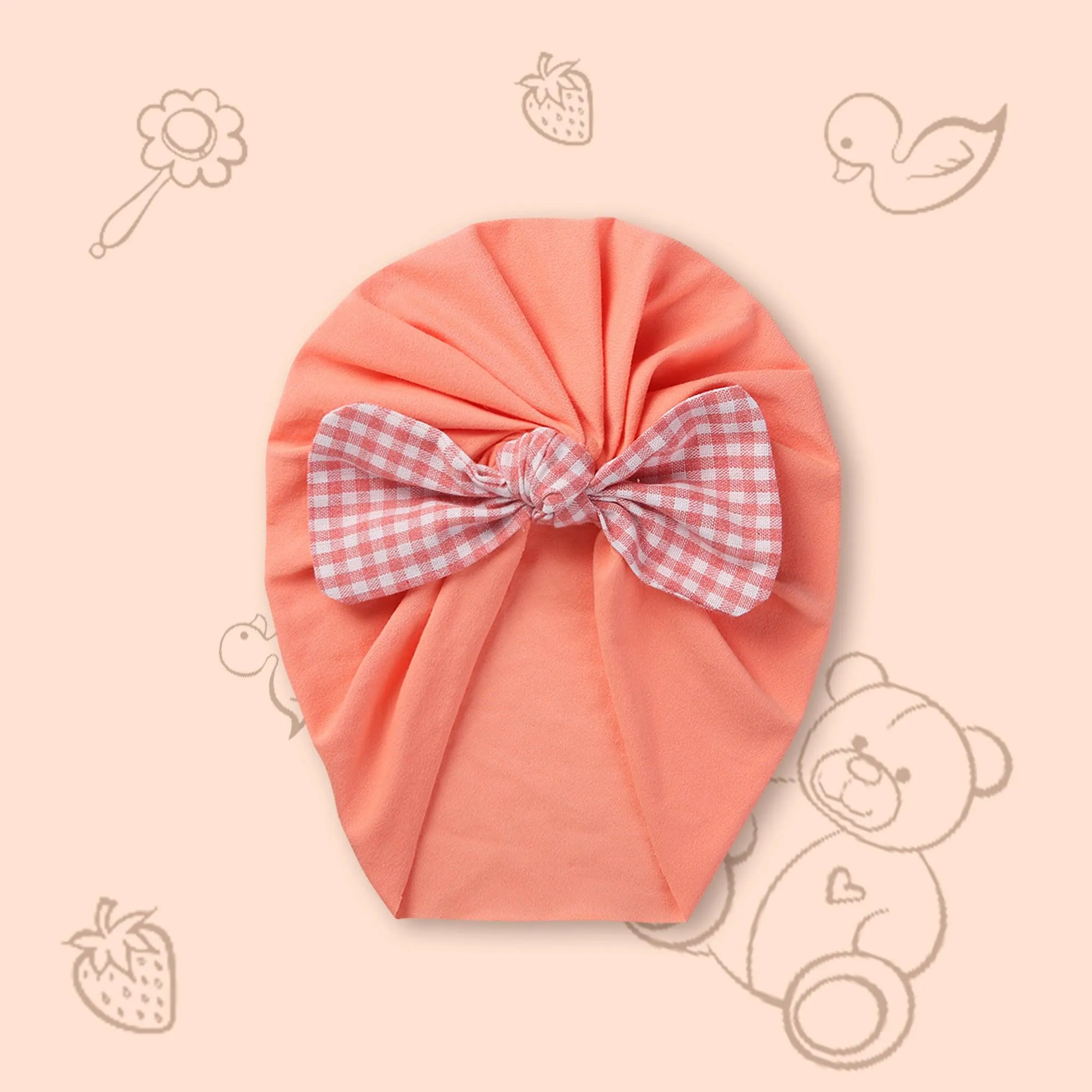 Polka Tots Checks Bow Headband Cap - Peach