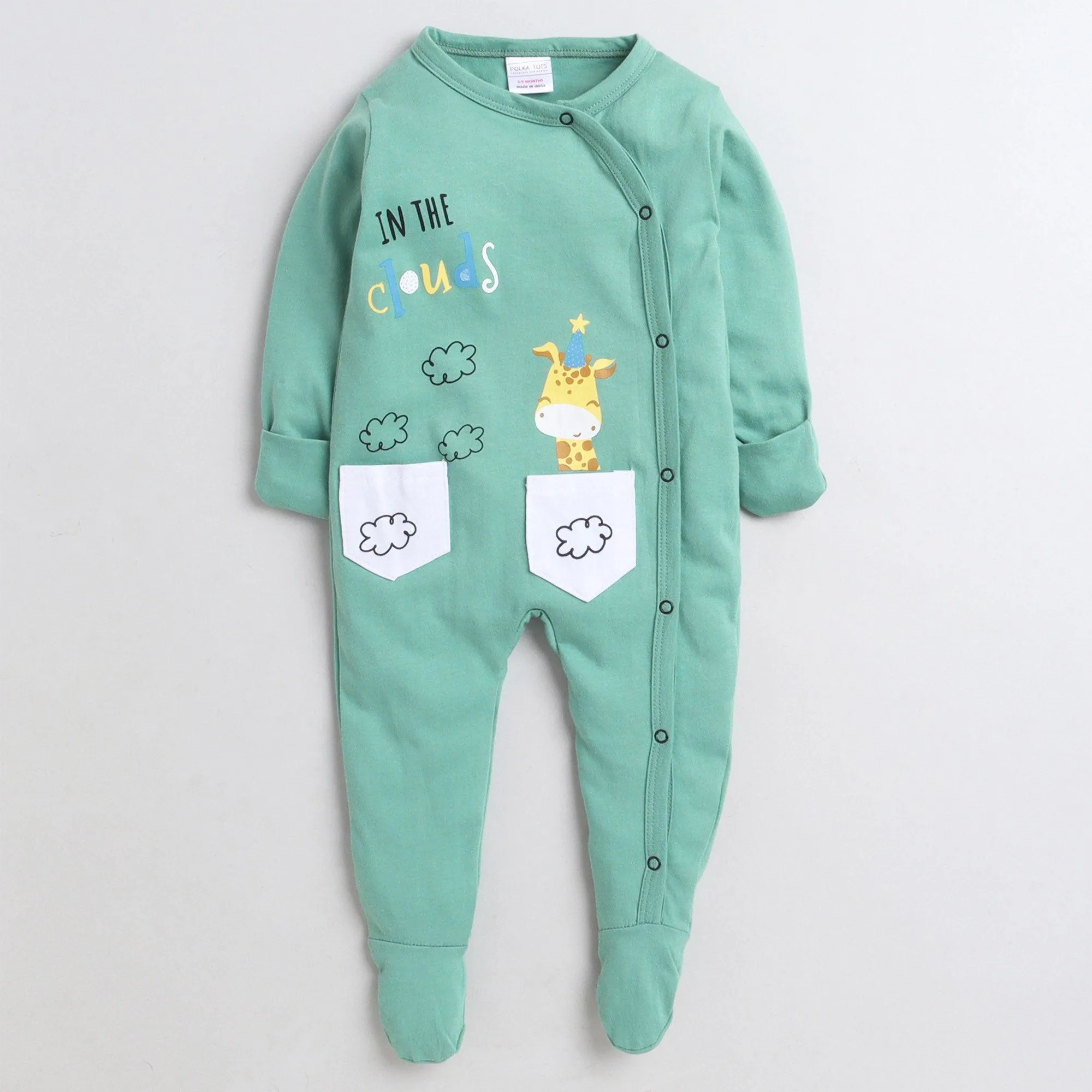 Polka Tots Footed Onesie With Mittens 100% Cotton 2 Pockets With Giraffe Cloud - Green