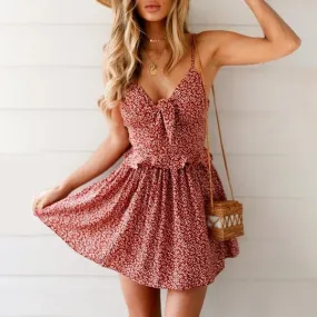 Printed Mini Spaghetti Strap Lace Up Boho Summer Dress