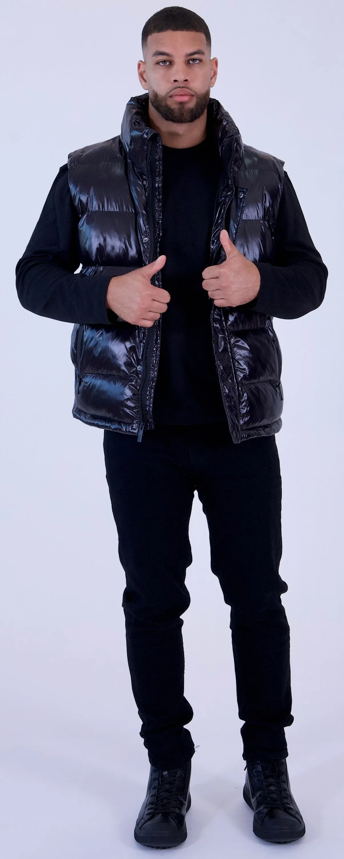 PUFFER VEST | Black Ciré Sheen
