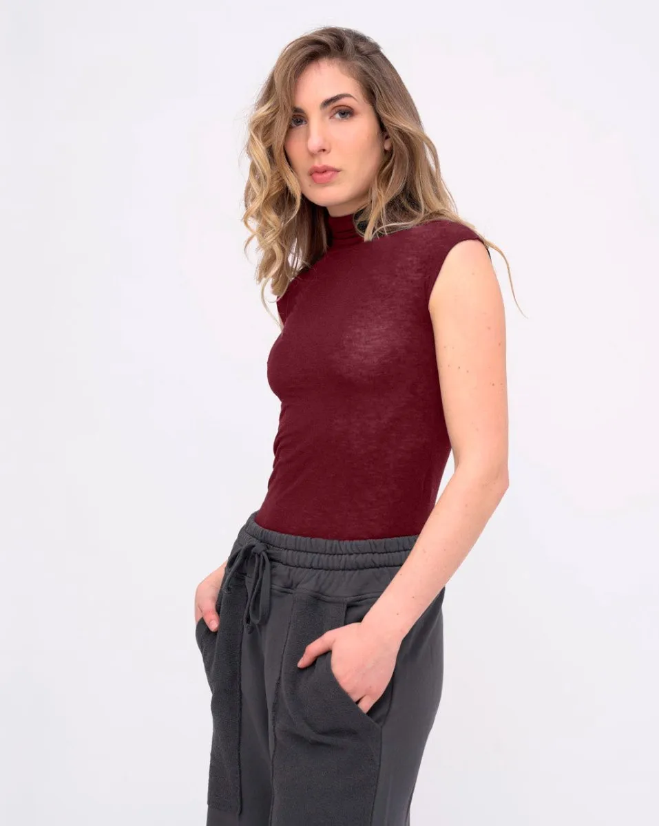 Raw Edge Cap Sleeve Turtleneck Top