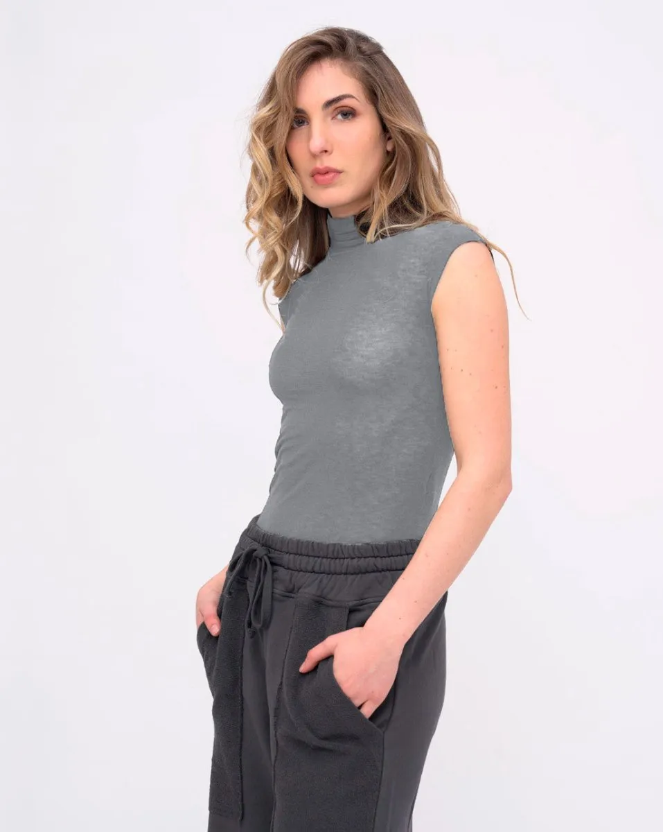 Raw Edge Cap Sleeve Turtleneck Top