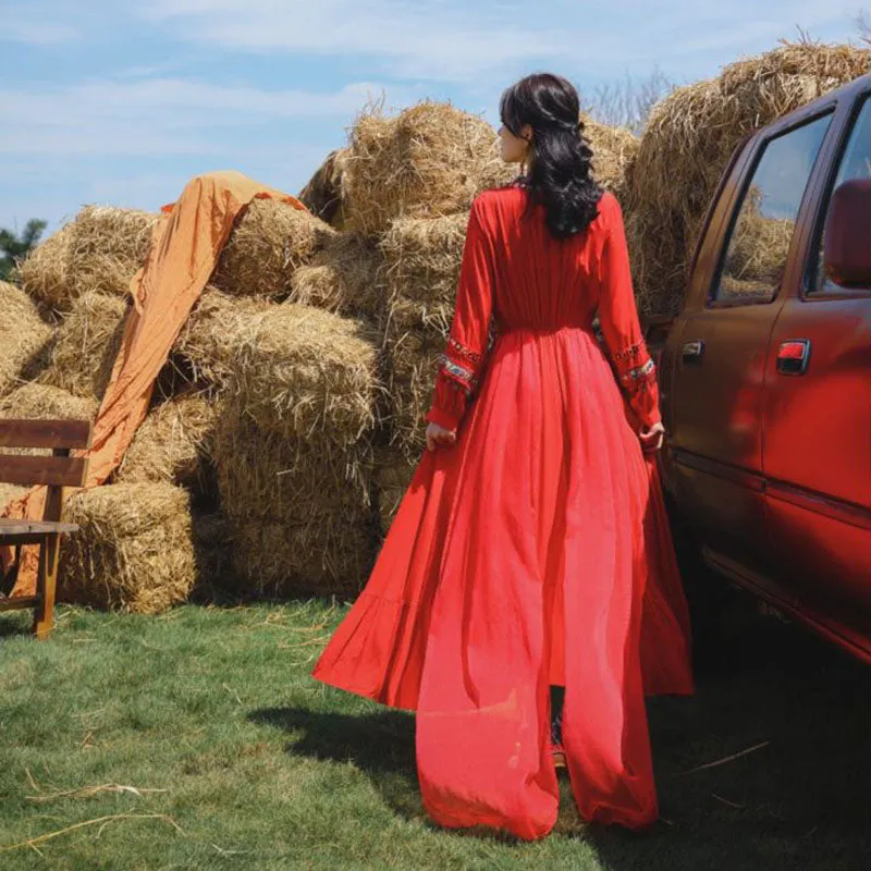 Red Vintage V Neck Embroidery Trim Midi Dress