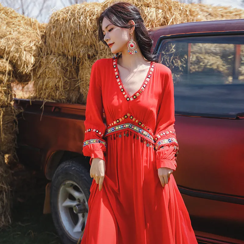 Red Vintage V Neck Embroidery Trim Midi Dress