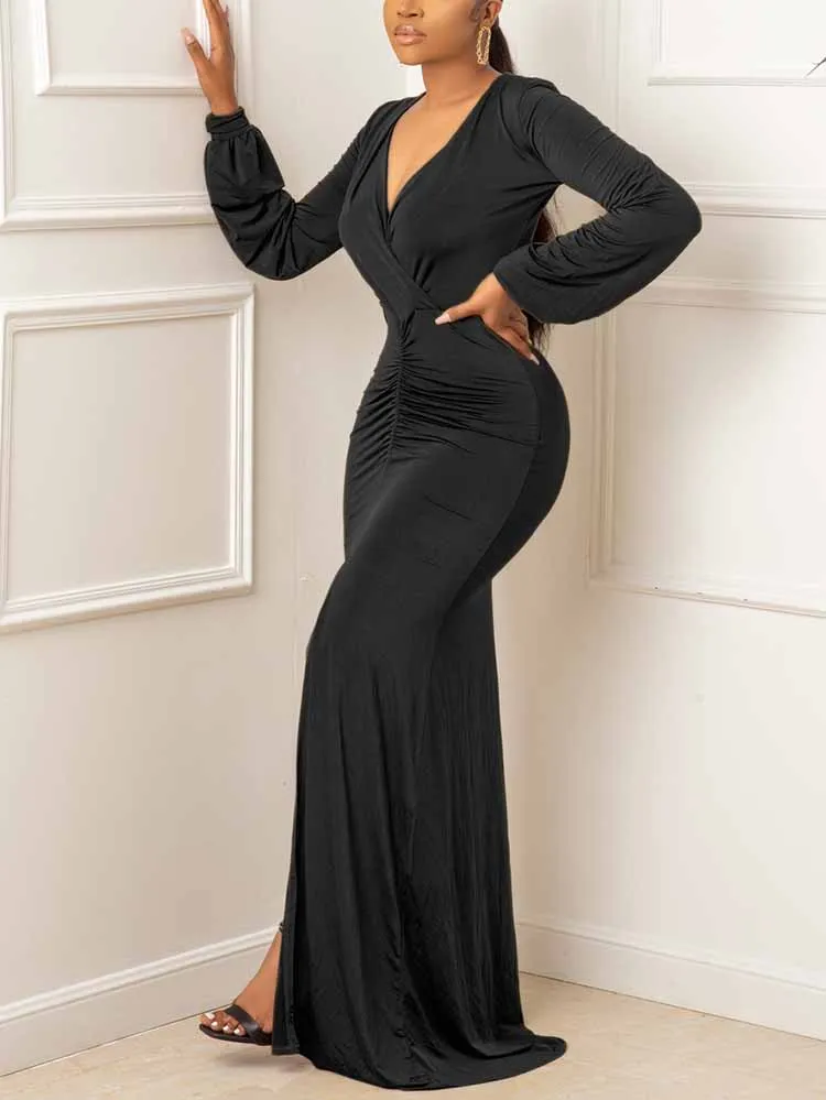 Ruched High Collar Trendy Shoulder Maxi Dress