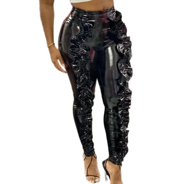 Ruffles Leather Pants High Waist