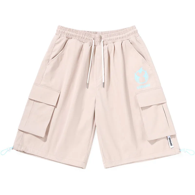 Safari Style Logo Print Pocket Straight Loose Shorts