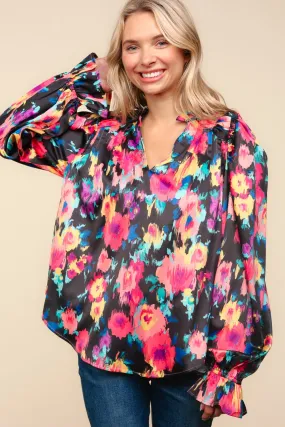 Satin Floral Bubble Sleeve Top