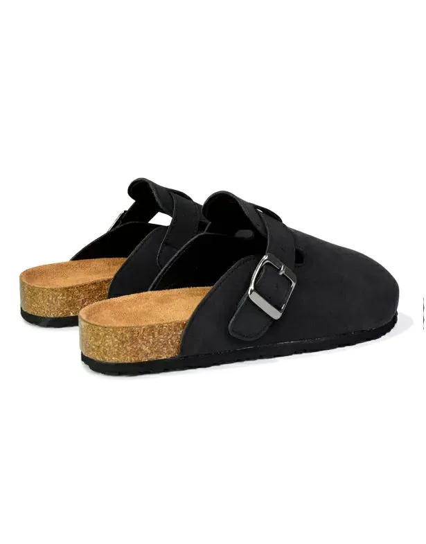 Savannah Closed Toe Slip On Buckle Flat Sandal Sliders in Black