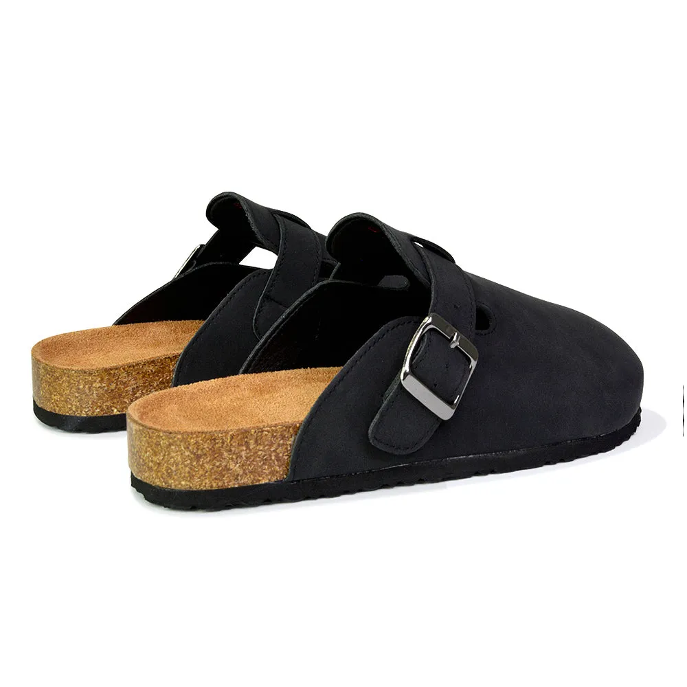 Savannah Closed Toe Slip On Buckle Flat Sandal Sliders in Black