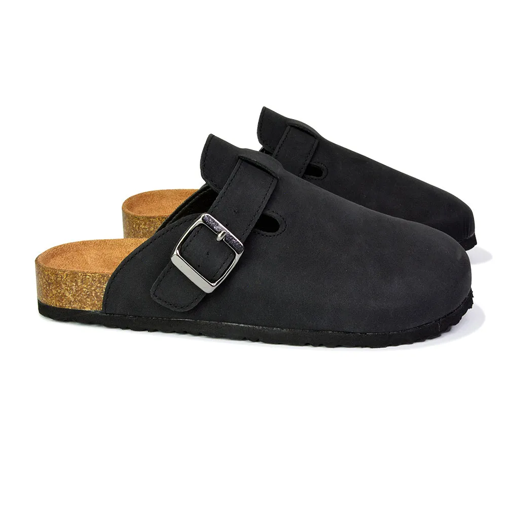 Savannah Closed Toe Slip On Buckle Flat Sandal Sliders in Black