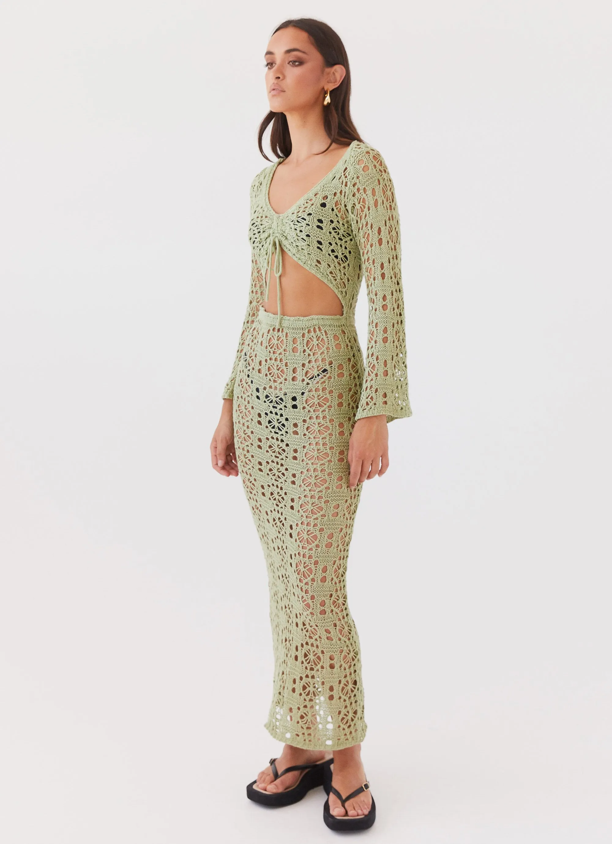 Seaside Soiree Crochet Maxi Dress - Light Olive