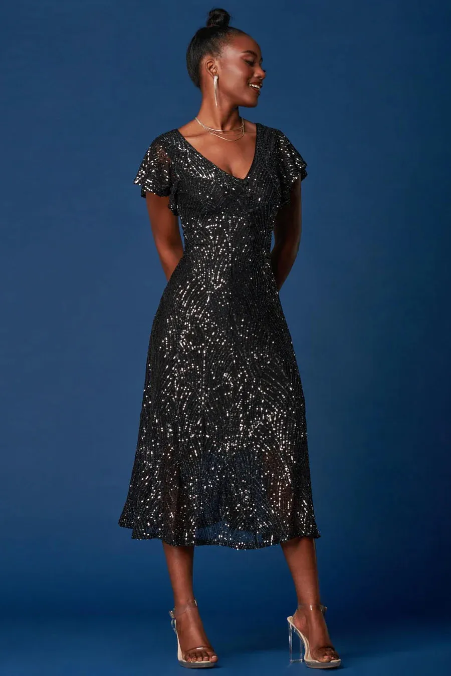 SEQUIN FIT & FLARE MAXI DRESS (BLACK)