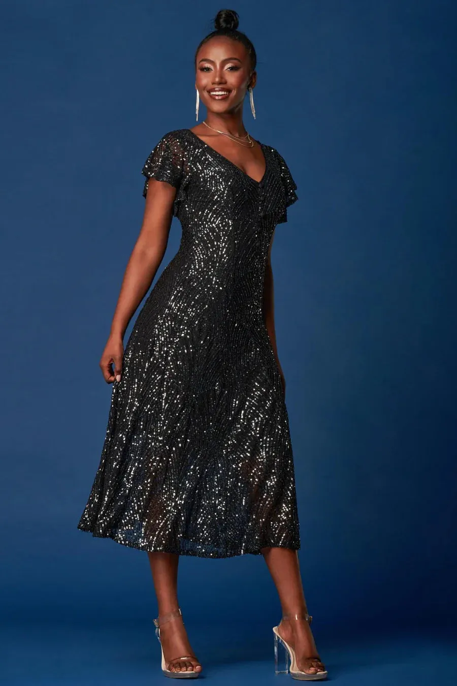 SEQUIN FIT & FLARE MAXI DRESS (BLACK)