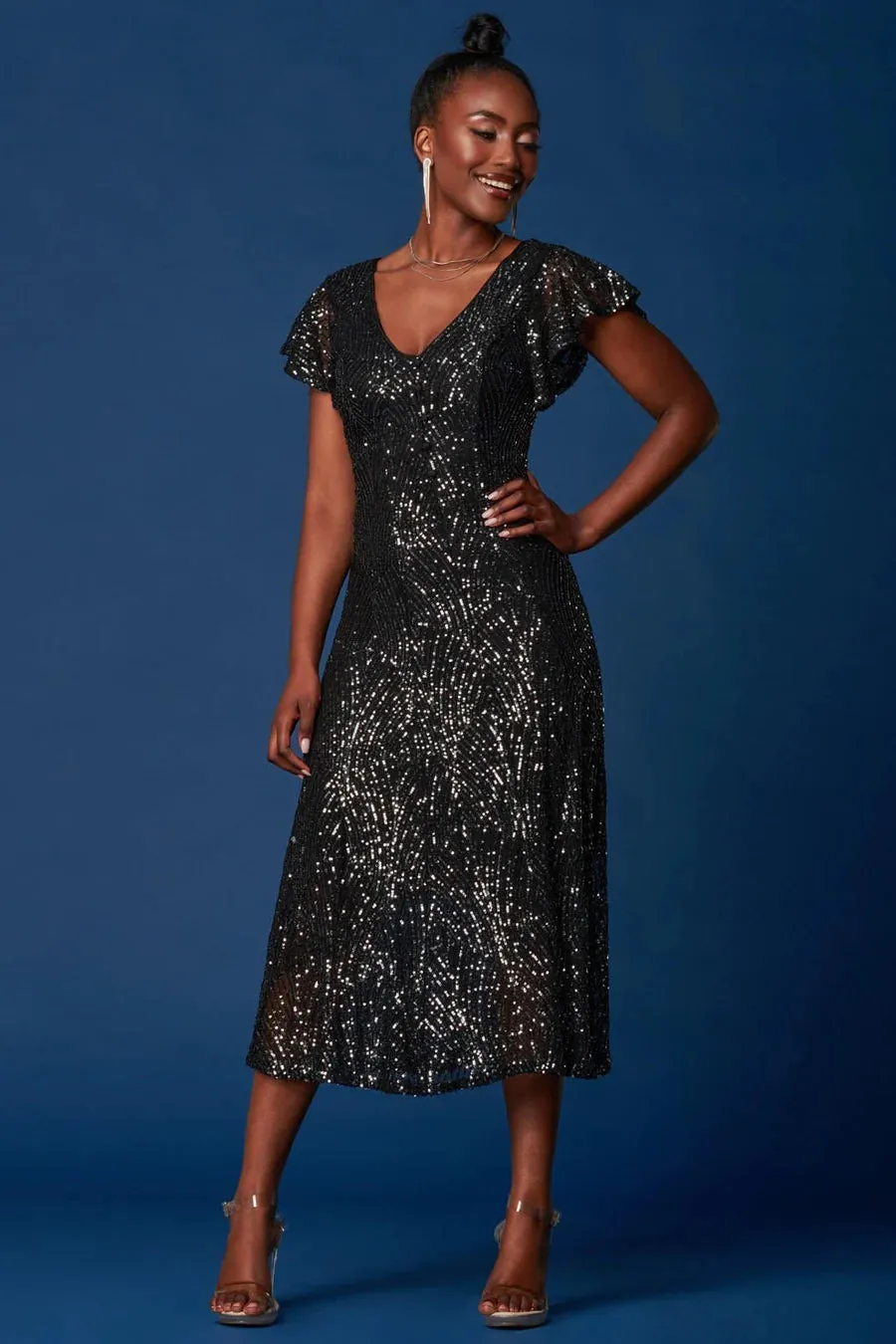 SEQUIN FIT & FLARE MAXI DRESS (BLACK)