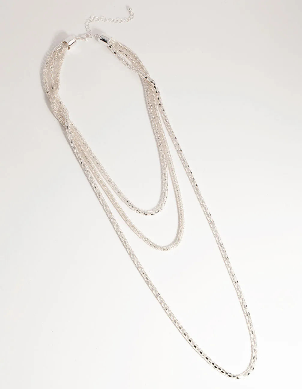 Silver Long Mesh Chain 3-Row Necklace