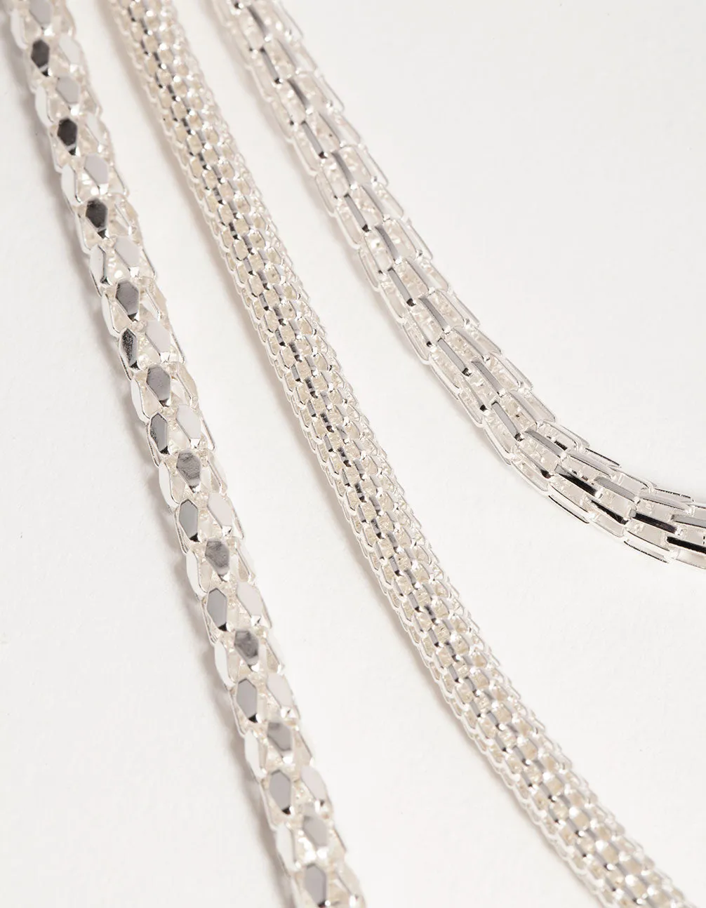 Silver Long Mesh Chain 3-Row Necklace