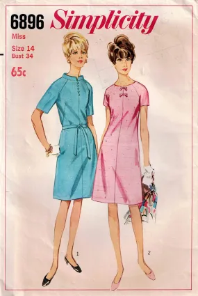 Simplicity 6896 Womens Raglan Sleeved A Line Shift Dress 1960s Vintage Sewing Pattern Size 14 Bust 34 inches