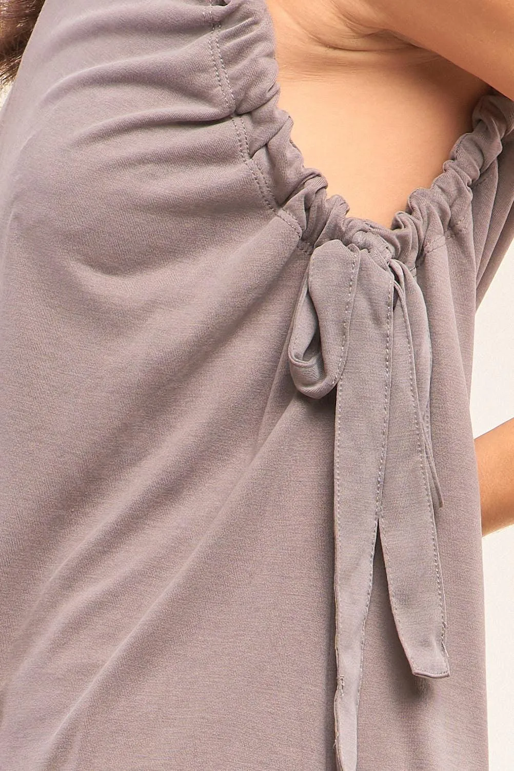 Stone Gray Sleeveless Drawstring Detail Crew Neck Relaxed Fit Tunic Top /1-2-2-1