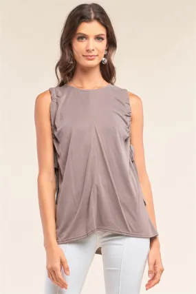 Stone Gray Sleeveless Drawstring Detail Crew Neck Relaxed Fit Tunic Top /1-2-2-1