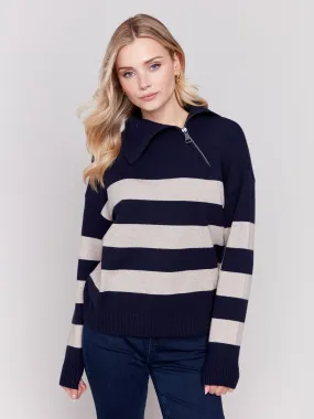 Striped Turtleneck Sweater with Zipper Detail - Navy